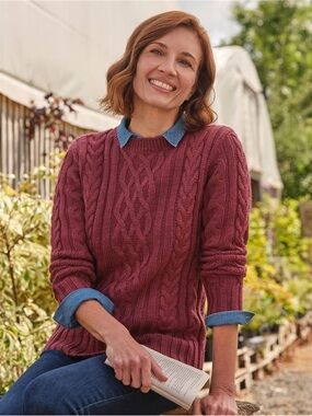 WoolOvers 100% Pure Wool Aran Crew Neck Jumper in Raspberry Marl S